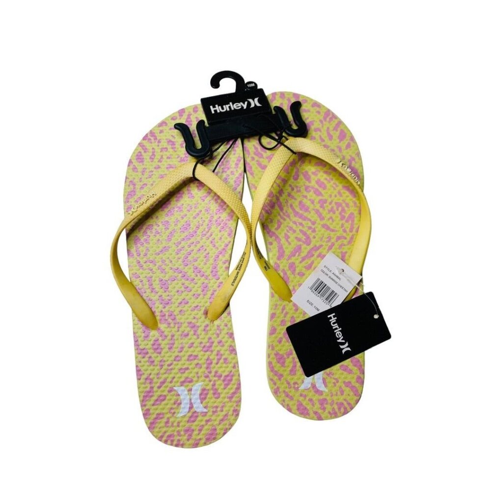 10M Hurley Womens New Animal Flip Flops Yellow Pink Cheetah Sunrise